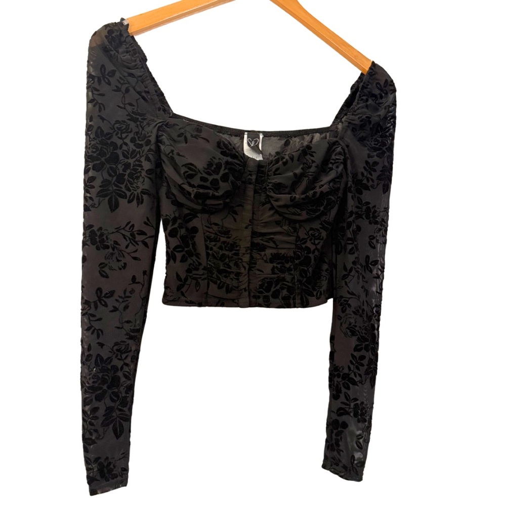 Windsor Womens Long-Sleeve Black Velvet Bustier Crop Top, Size Small - Picture 3 of 12